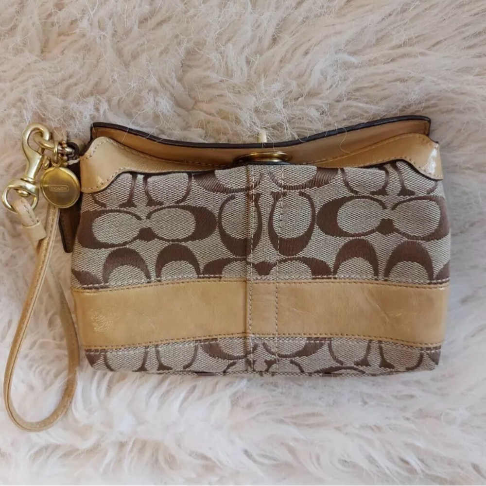 Coach Women's Tan Signature Fabric Leather Trim Turn Lock Minibag/Wristlet